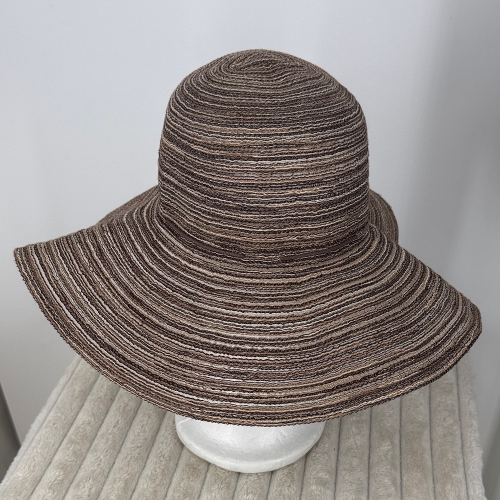 Women's Wide Brim Sun Hat - Brown Striped with bow on back